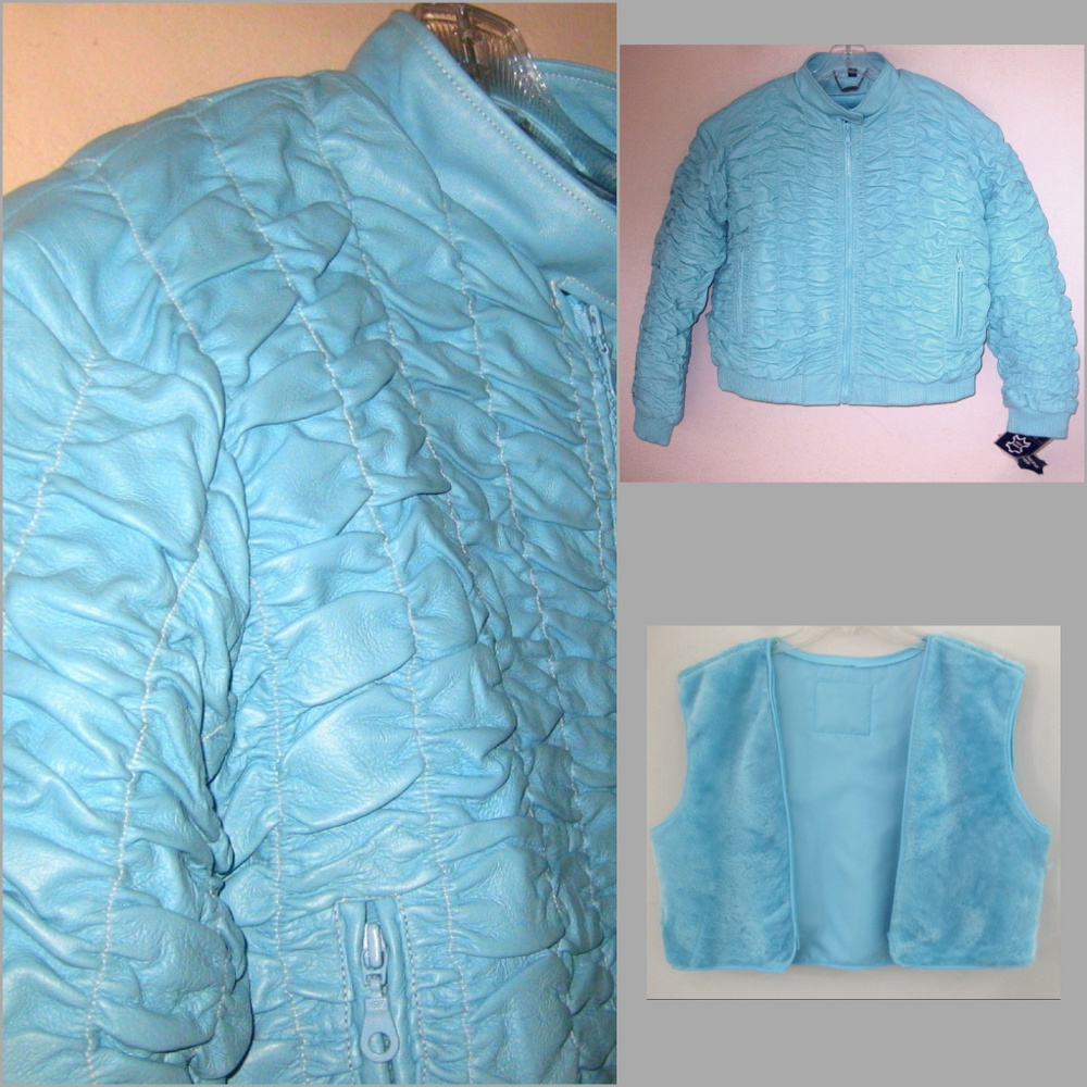 NWT Genuine leather jacket XL Blue Zip-in lining Bomber Motorcycle Heavy Crinkle